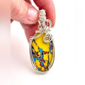 HANDMADE Rainbow Calislica Silver Plate Wire Wrapped Pendant Necklace